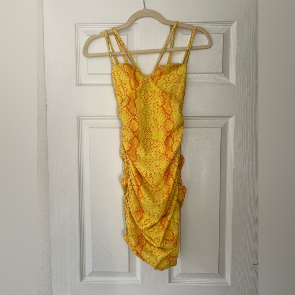 Tiger Mist yellow python, scrunch dress